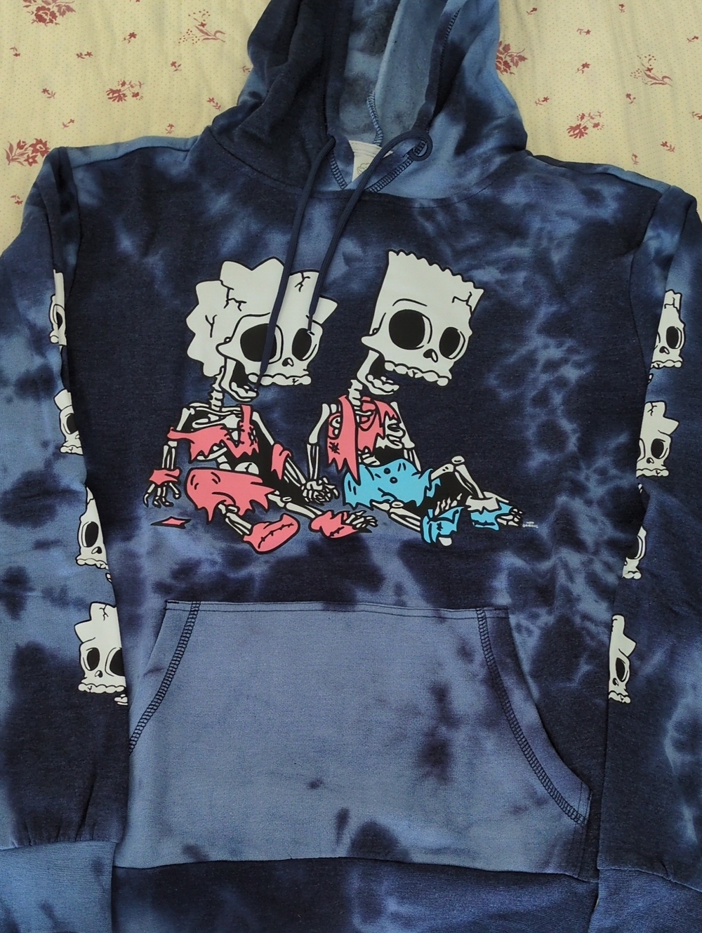 Tie-Dye Navy Blue Skeleton Graphic Hoodie with Pink & Blue Accents